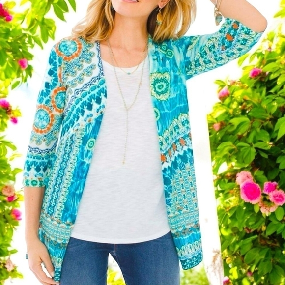Women’s Cardigan Multicolored Geometric Print Duster CHICO’S Knit Open Front Top - Picture 1 of 7